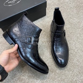 Prada Black Leather Zipper Short Boots For Men 