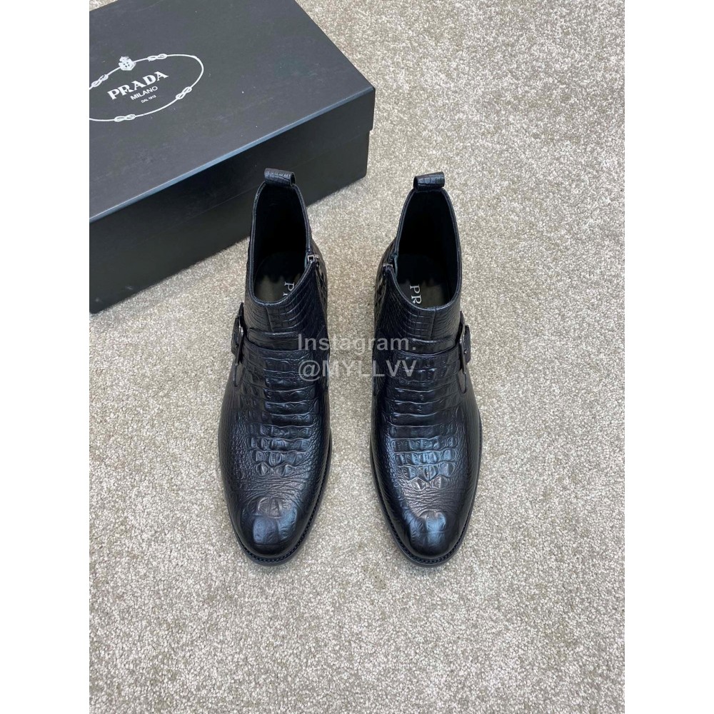 Prada Crocodile Pattern Cowhide Zipper Short Boots For Men Black