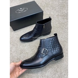 Prada Crocodile Pattern Cowhide Zipper Short Boots For Men Black