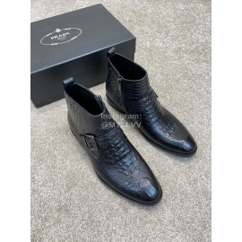 Prada Crocodile Pattern Cowhide Zipper Short Boots For Men Black