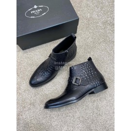 Prada Crocodile Pattern Cowhide Zipper Short Boots For Men Black