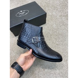 Prada Crocodile Pattern Cowhide Zipper Short Boots For Men Black