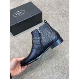Prada Crocodile Pattern Cowhide Zipper Short Boots For Men Black
