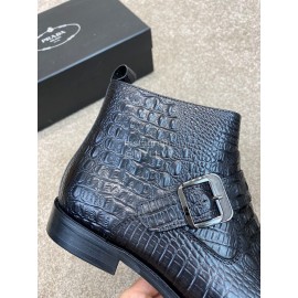 Prada Crocodile Pattern Cowhide Zipper Short Boots For Men Black