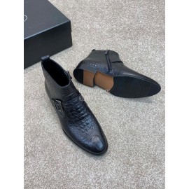 Prada Crocodile Pattern Cowhide Zipper Short Boots For Men Black