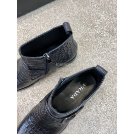 Prada Crocodile Pattern Cowhide Zipper Short Boots For Men Black