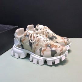 Prada Cowhide Nylon Thick Soled Sneakers For Men And Women Beige