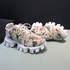 Prada Cowhide Nylon Thick Soled Sneakers For Men And Women Beige