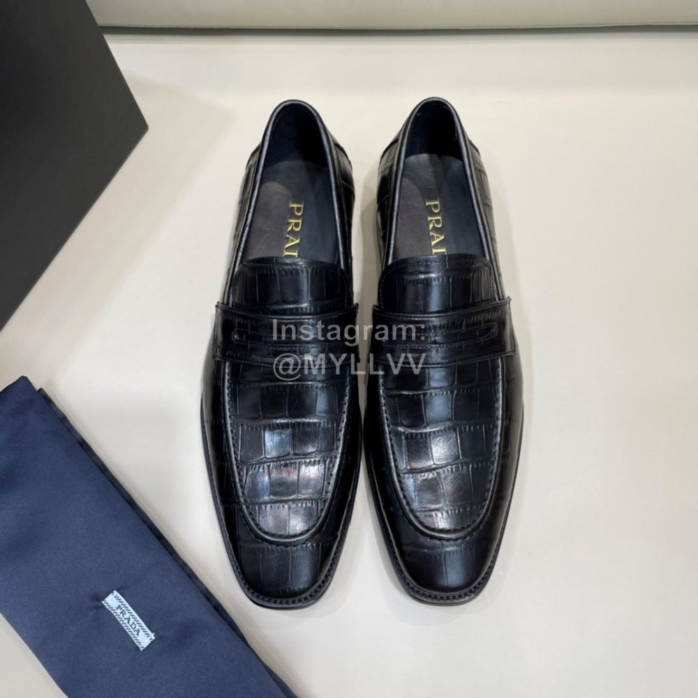 Prada Crocodile Pattern Leather Casual Loafers For Men Black
