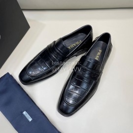 Prada Crocodile Pattern Leather Casual Loafers For Men Black