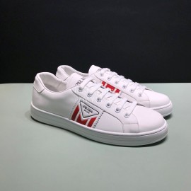 Prada Red Silk Screen Logo Cowhide Sneakers For Men 