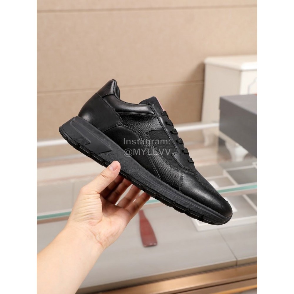 Prada Mesh Cowhide Thick Soled Sneakers For Men Black