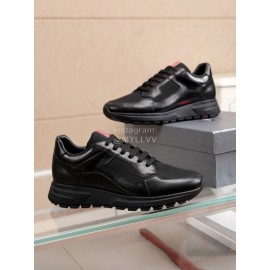 Prada Mesh Cowhide Thick Soled Sneakers For Men Black