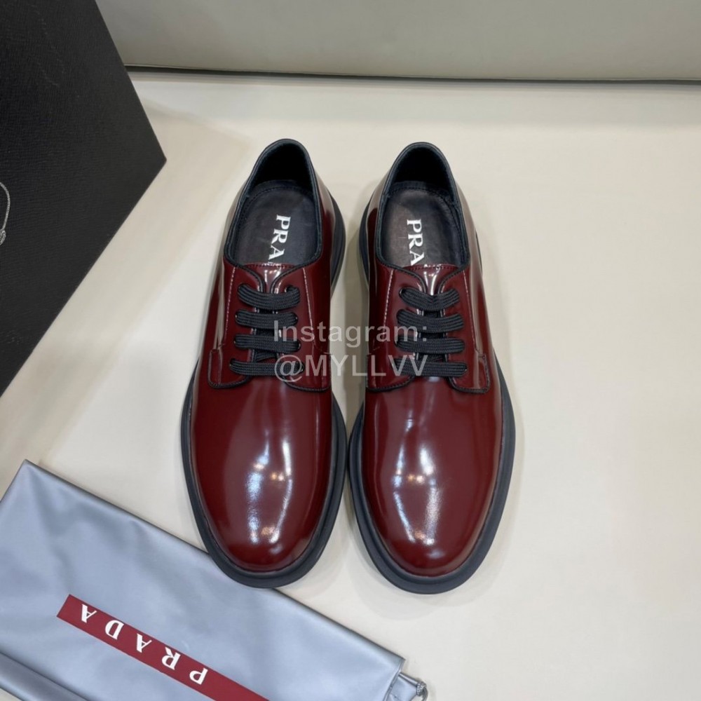 Prada Cowhide Lace Up Thick Soled Casual Shoes For Men Reddish Brown