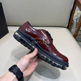 Prada Cowhide Lace Up Thick Soled Casual Shoes For Men Reddish Brown