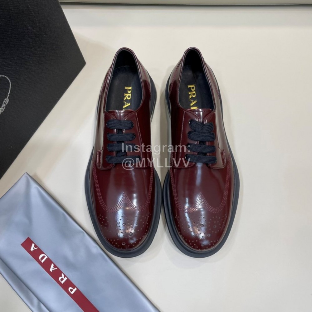 Prada Cowhide Lace Up Thick Soled Shoes For Men Reddish Brown