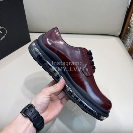 Prada Cowhide Lace Up Thick Soled Shoes For Men Reddish Brown