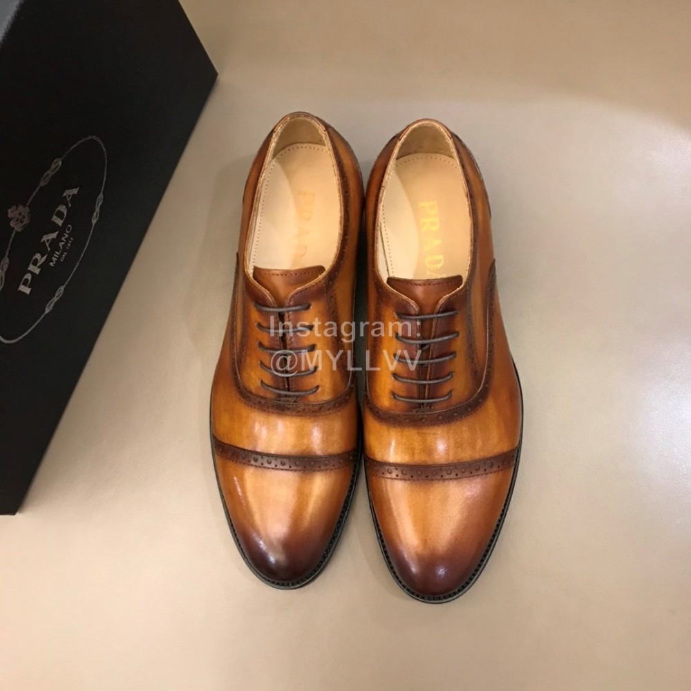 Prada Fashion Cowhide Lace Up Business Shoes For Men Brown