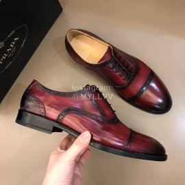 Prada Fashion Cowhide Lace Up Business Shoes For Men Reddish Brown