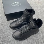 Prada Winter Leather Wool High Top Boots For Men Black