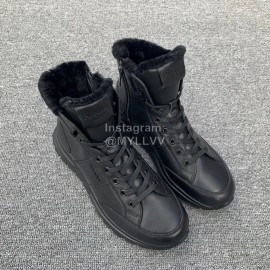 Prada Winter Leather Wool High Top Boots For Men Black