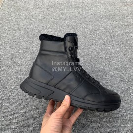 Prada Winter Leather Wool High Top Boots For Men Black