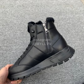 Prada Winter Leather Wool High Top Boots For Men Black