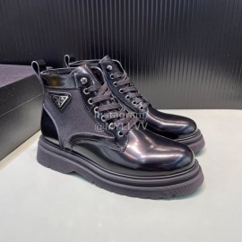Prada Black Calf Leather Canvas Lace Up High Top Shoes For Men 
