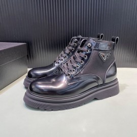 Prada Black Calf Leather Canvas Lace Up High Top Shoes For Men 