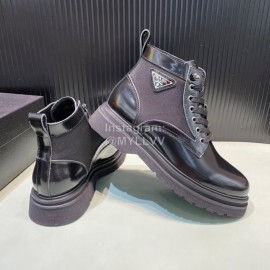 Prada Black Calf Leather Canvas Lace Up High Top Shoes For Men 