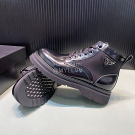 Prada Black Calf Leather Canvas Lace Up High Top Shoes For Men 