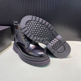 Prada Black Calf Leather Canvas Lace Up High Top Shoes For Men 