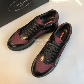 Prada Mesh Cowhide Casual Sneakers For Men Wine Red