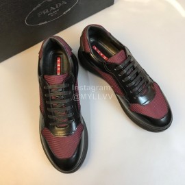Prada Mesh Cowhide Casual Sneakers For Men Wine Red