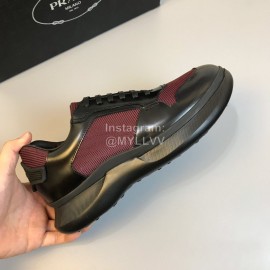 Prada Mesh Cowhide Casual Sneakers For Men Wine Red
