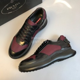 Prada Mesh Cowhide Casual Sneakers For Men Wine Red