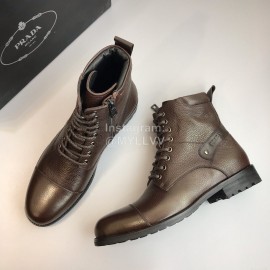 Prada Cowhide Lace Up Zipper Boots For Men Brown
