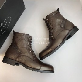 Prada Cowhide Lace Up Zipper Boots For Men Brown