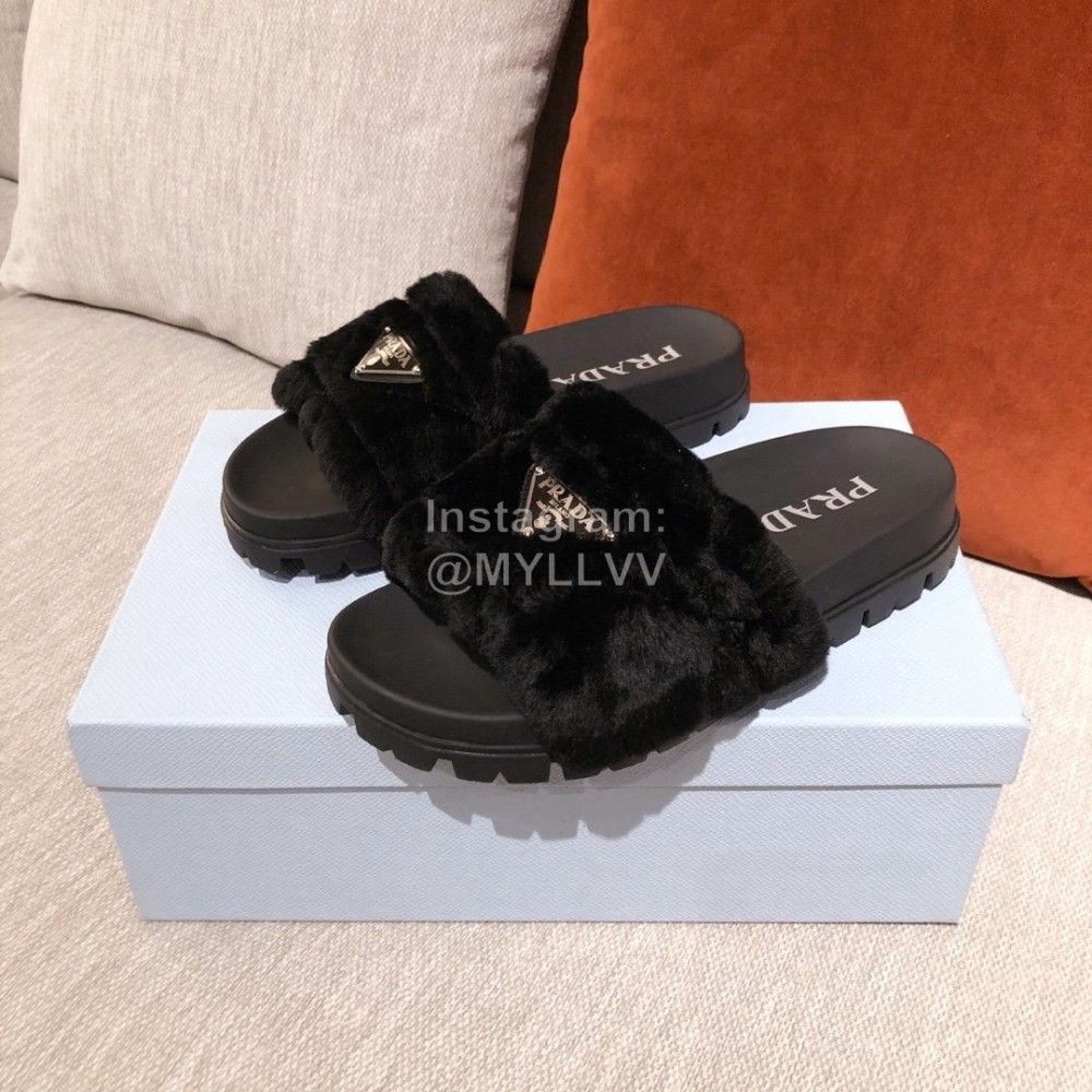 Prada Fashion Soft Fur Thick Soles Slippers For Women Black