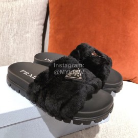 Prada Fashion Soft Fur Thick Soles Slippers For Women Black