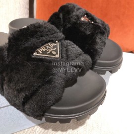 Prada Fashion Soft Fur Thick Soles Slippers For Women Black