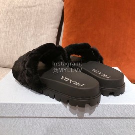 Prada Fashion Soft Fur Thick Soles Slippers For Women Black