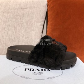 Prada Fashion Soft Fur Thick Soles Slippers For Women Black