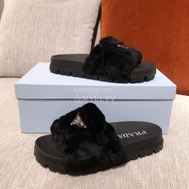 Prada Fashion Soft Fur Thick Soles Slippers For Women Black