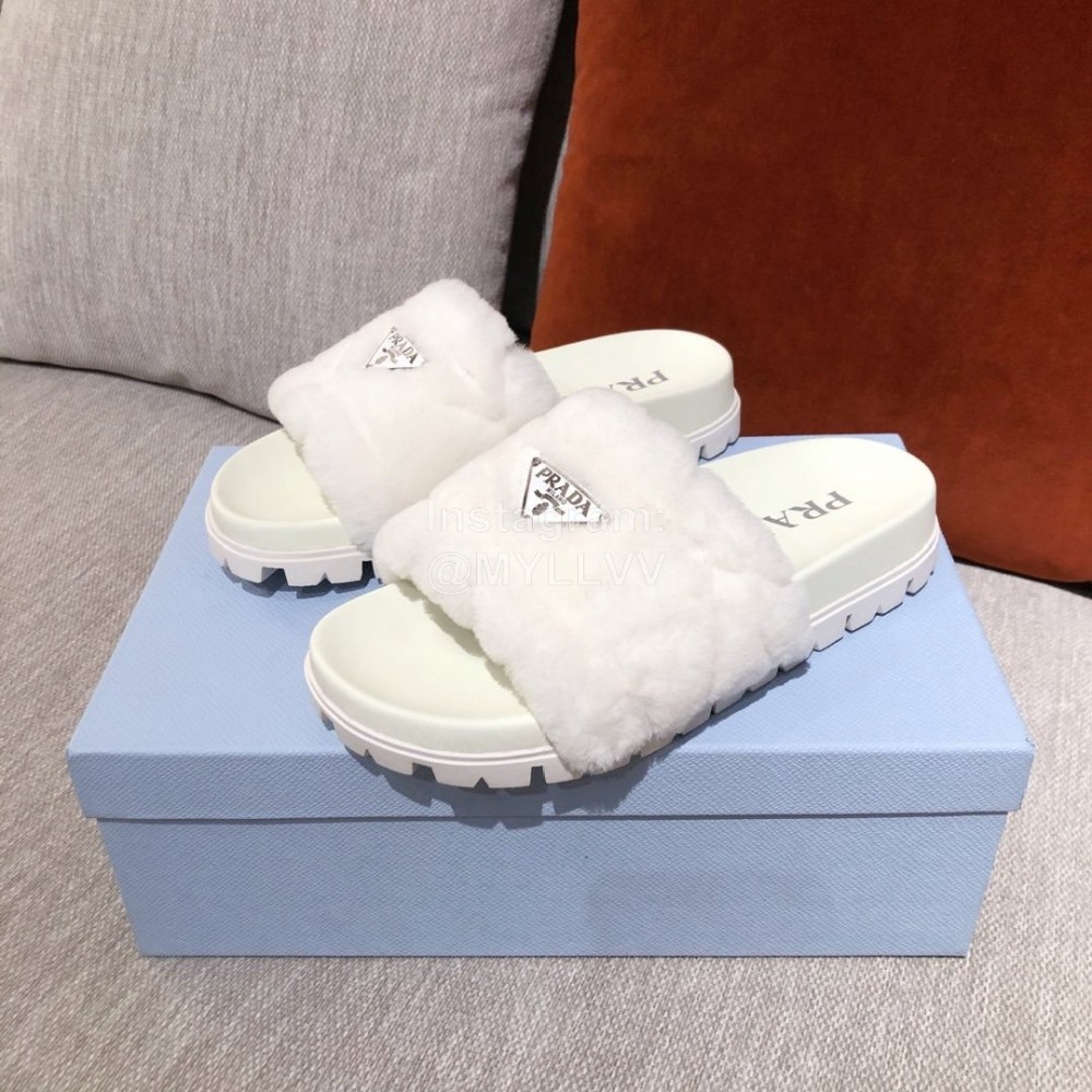 Prada Fashion Soft Fur Thick Soles Slippers For Women White