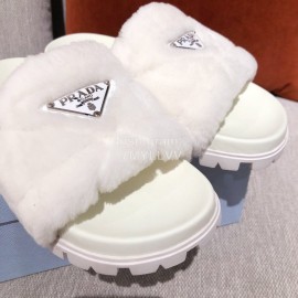 Prada Fashion Soft Fur Thick Soles Slippers For Women White