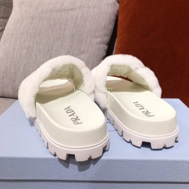 Prada Fashion Soft Fur Thick Soles Slippers For Women White