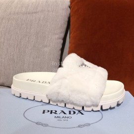 Prada Fashion Soft Fur Thick Soles Slippers For Women White