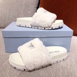 Prada Fashion Soft Fur Thick Soles Slippers For Women White