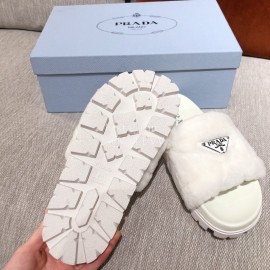 Prada Fashion Soft Fur Thick Soles Slippers For Women White